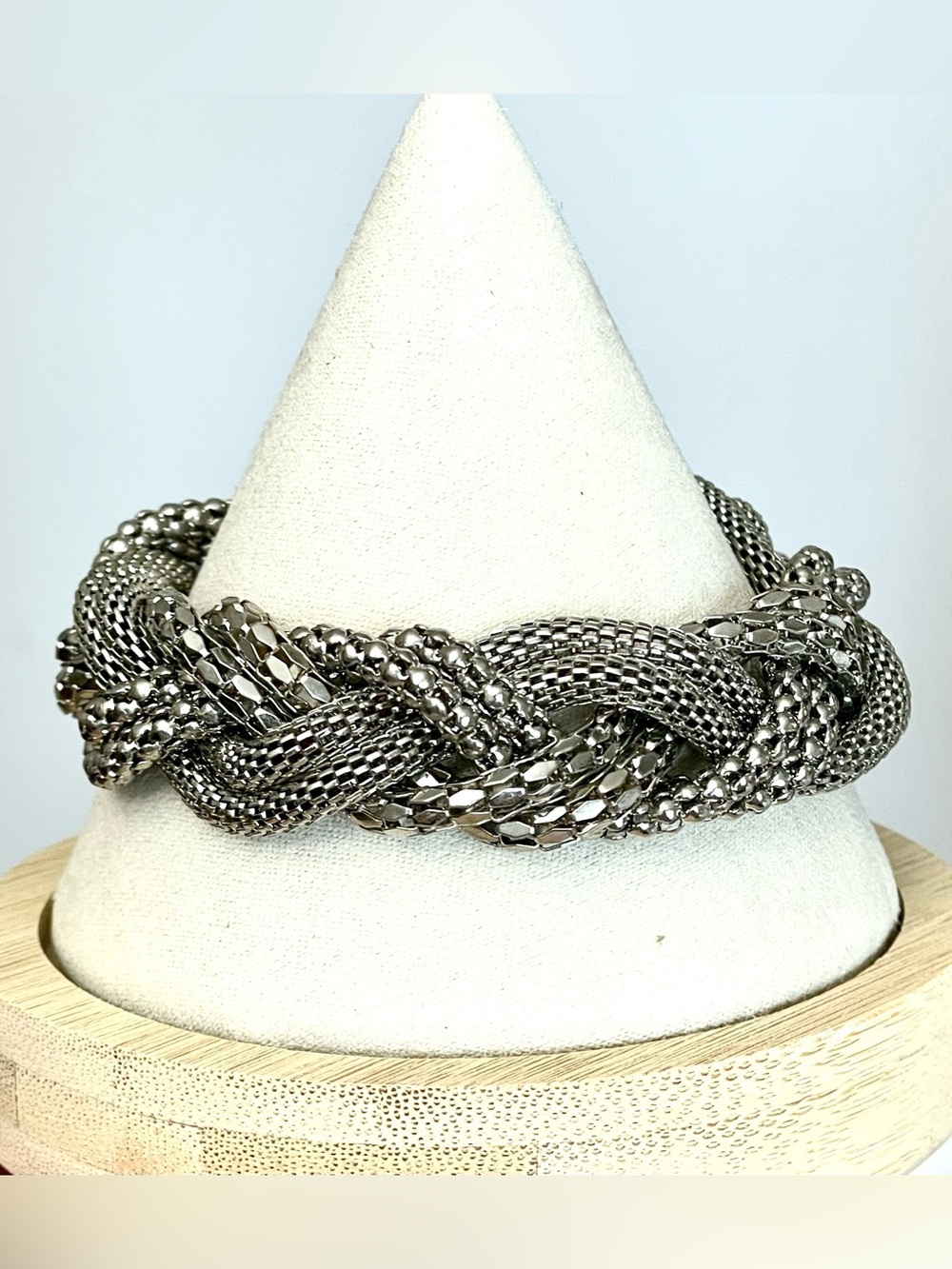 Vintage Silver Braided Multi Strand Magnetic Clasp Bracelet Mesh Chainmail Glam